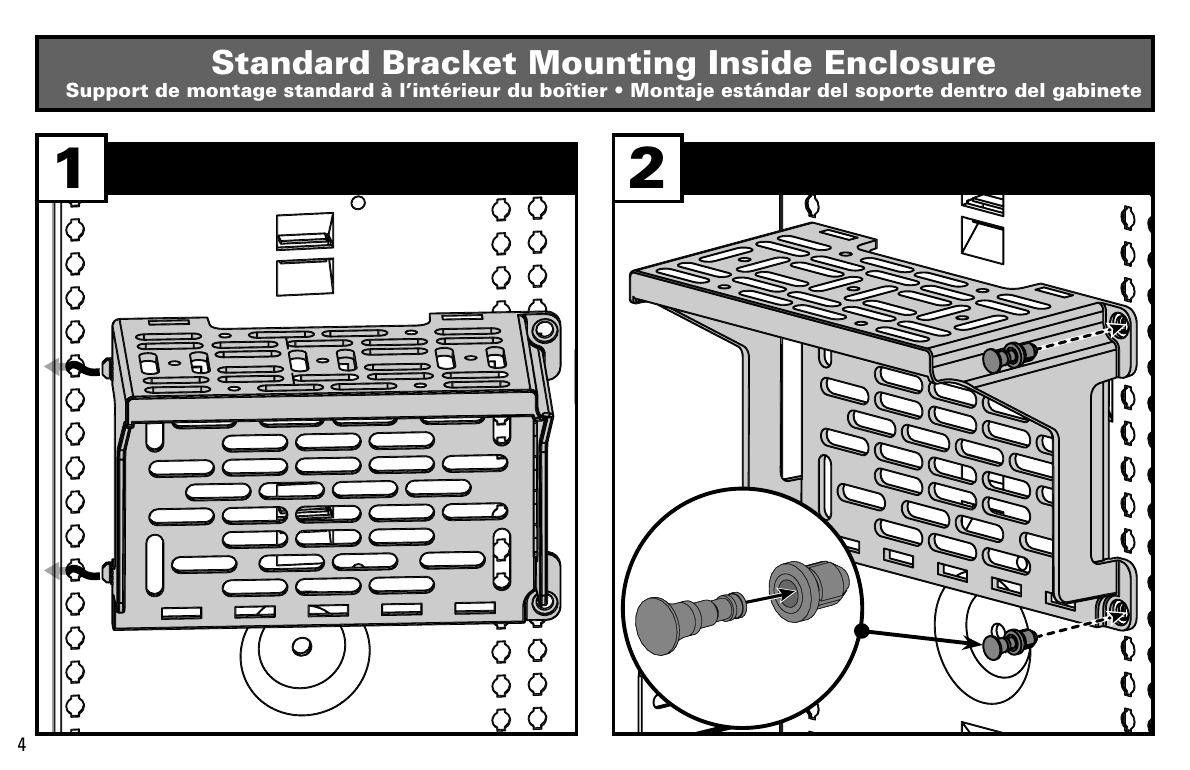 Standard bracket mounting steps 1 and 2 - sliding bracket into enclosure rail and securing with cage nut and bolt
