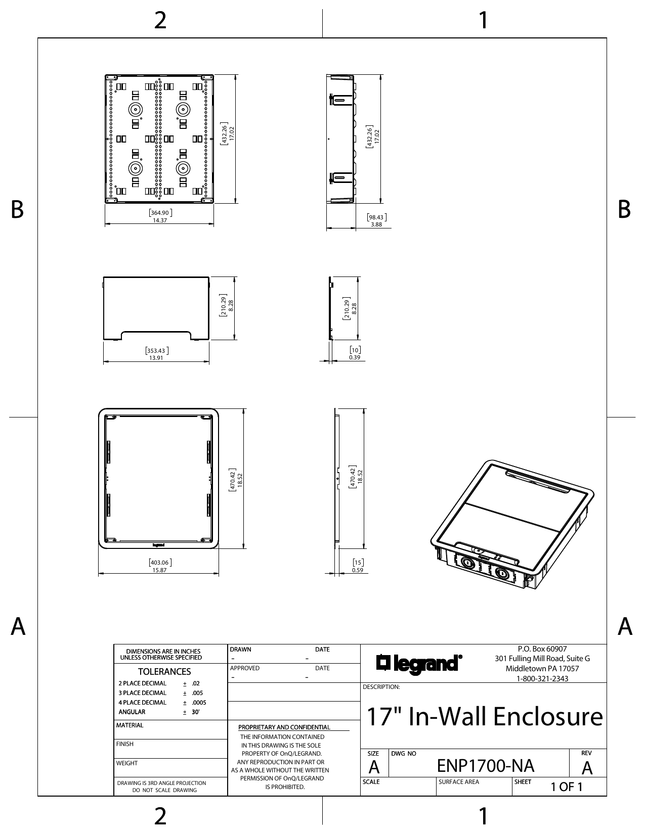 On-Q/Legrand 17-inch dual-purpose in-wall enclosure dimensional drawing showing multi-view orthographic projections and isometric render