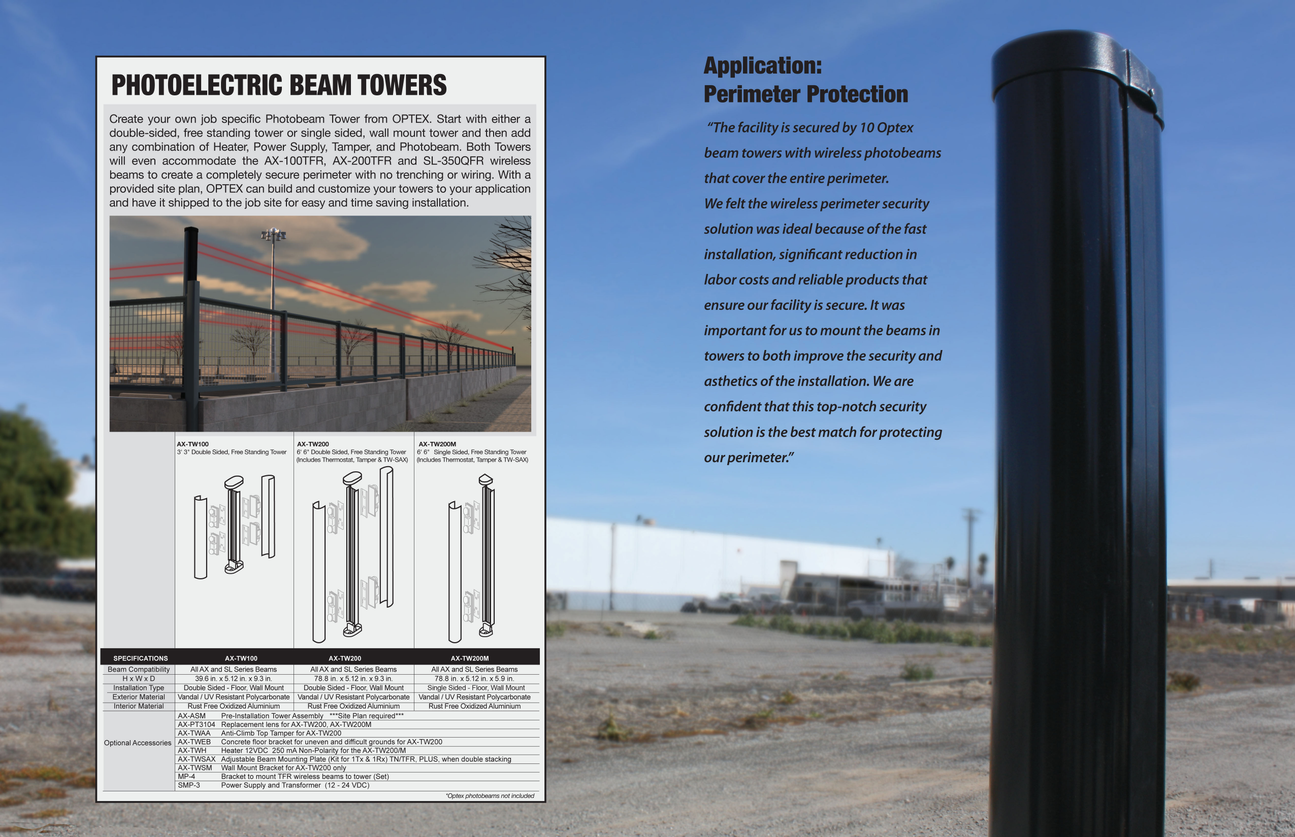 OPTEX Photoelectric Beam Towers specification sheet showing AX-TW100, AX-TW200, and AX-TW200M tower models with dimensions and accessories