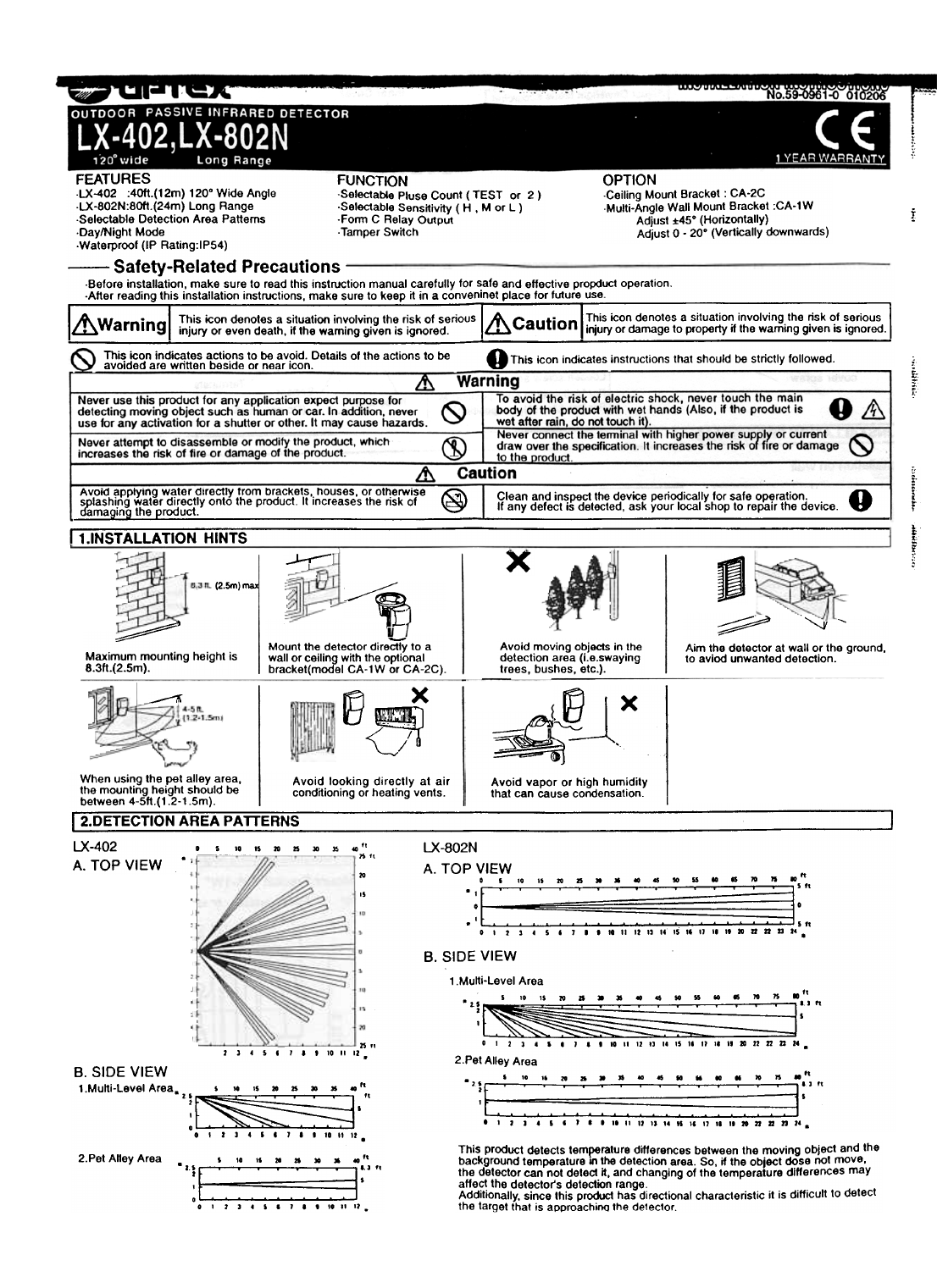 OPTEX LX-402 and LX-802N detection area patterns, installation hints, and mounting height diagrams