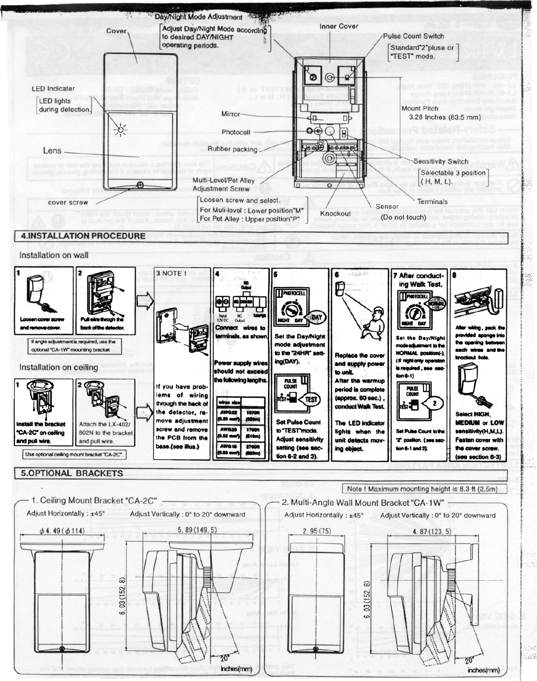 OPTEX LX-402/LX-802N component diagram, installation procedure, and CA-1W/CA-2C mounting bracket dimensions