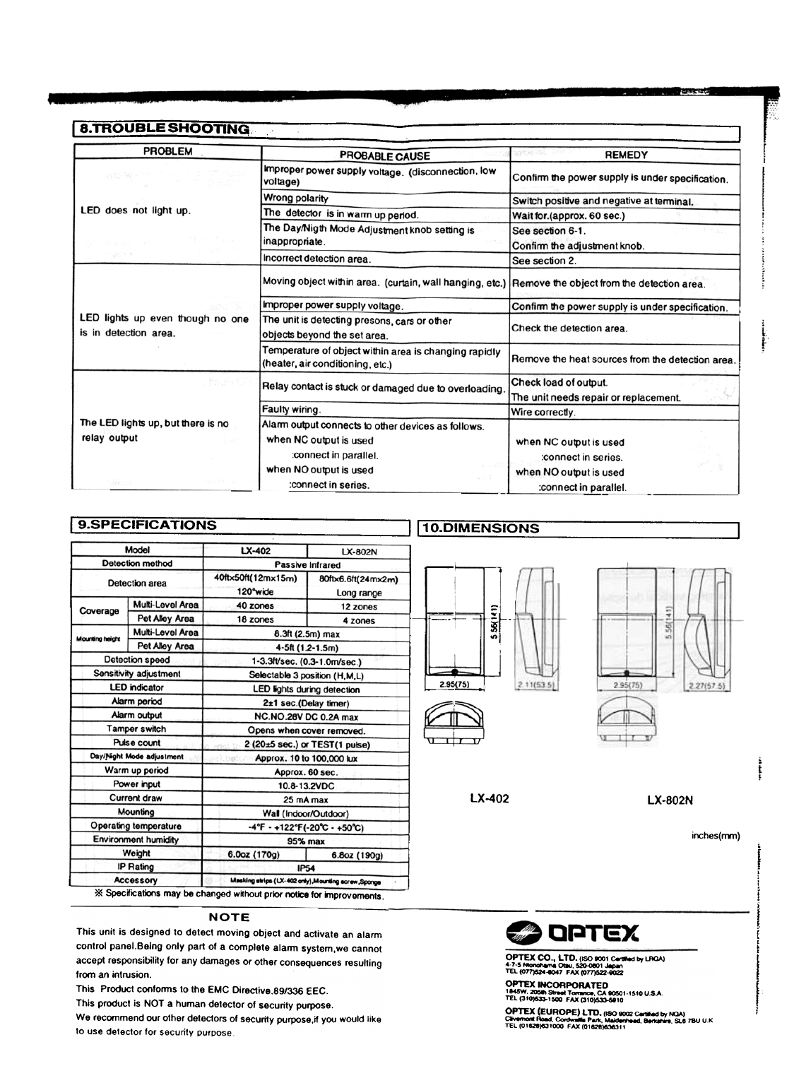 OPTEX LX-402/LX-802N troubleshooting table, specifications table, and housing dimension diagrams