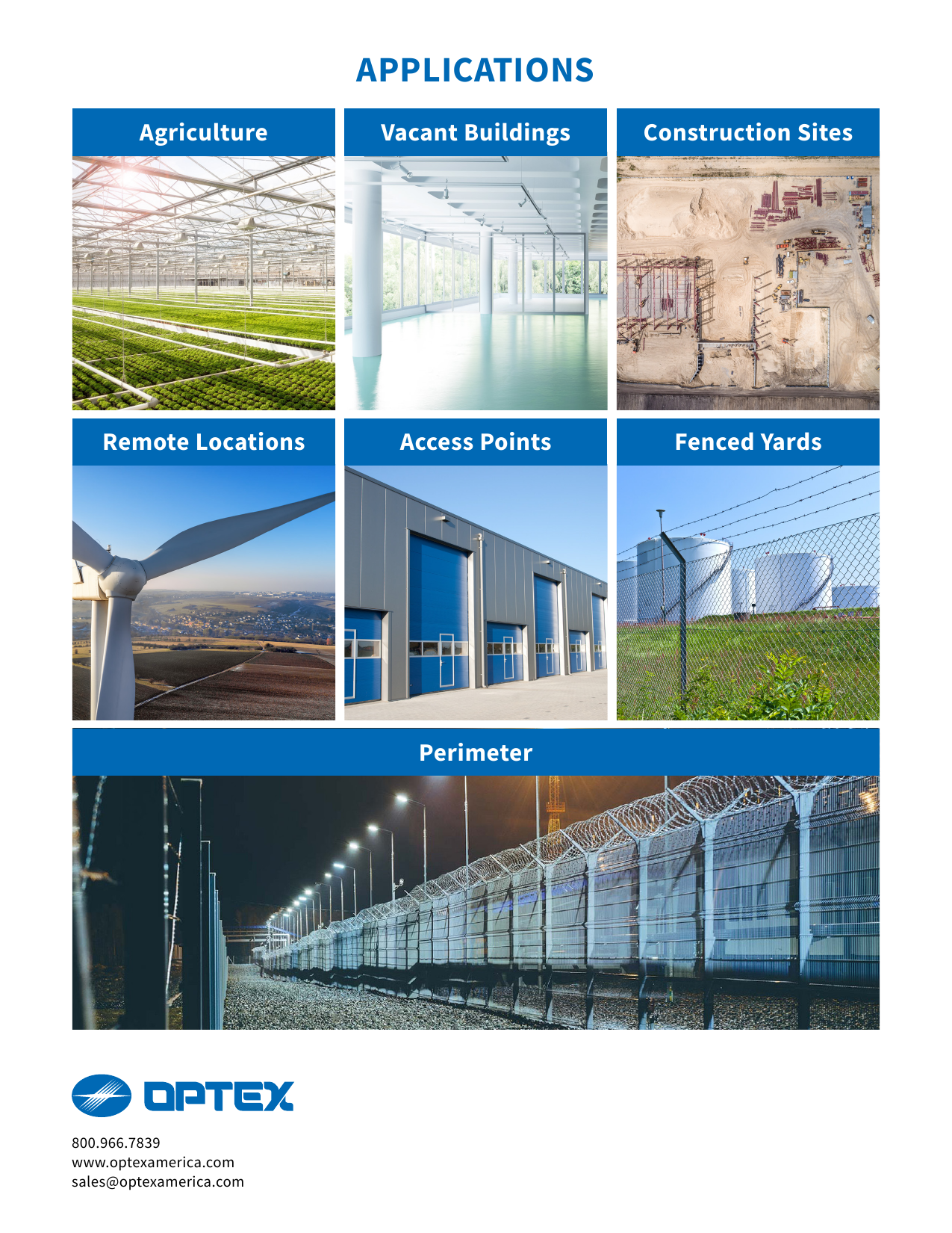 OPTEX applications diagram — agriculture, vacant buildings, construction sites, remote locations, access points, fenced yards, perimeter