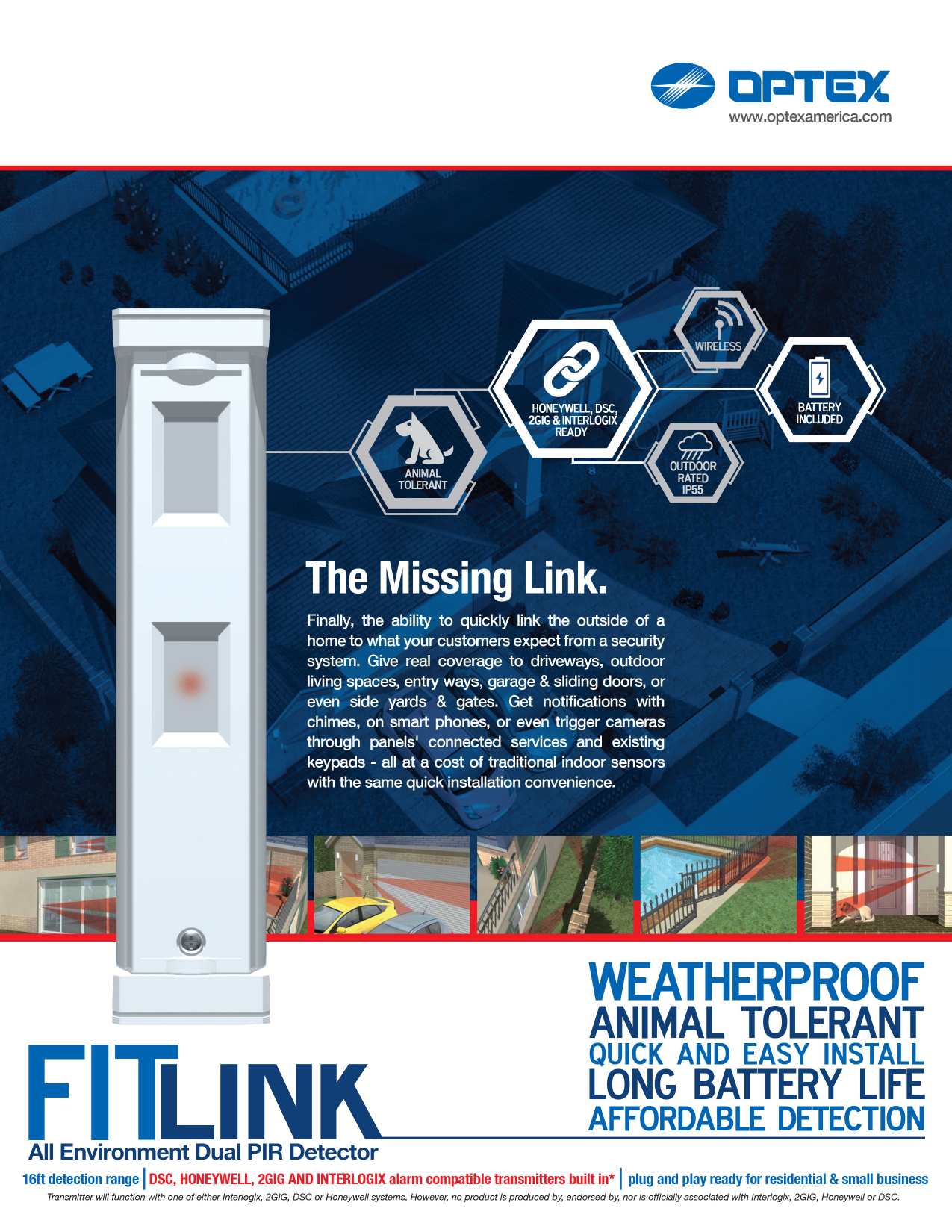 OPTEX FitLink dual PIR detector marketing overview with detection illustration