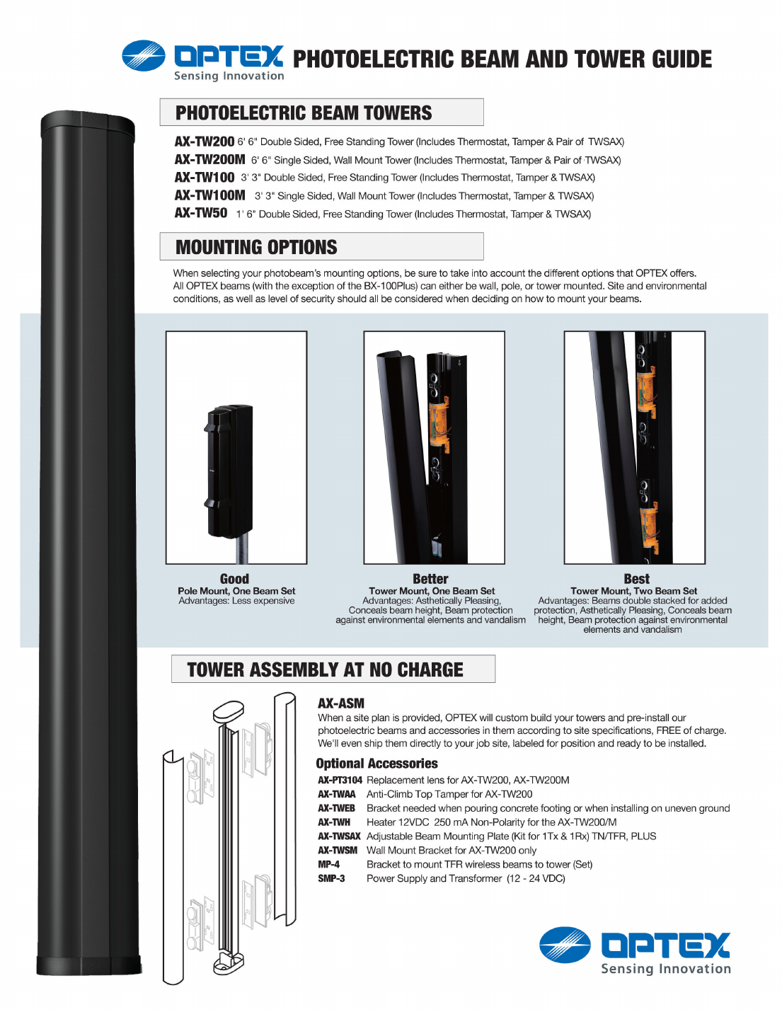 OPTEX beam tower models and mounting options
