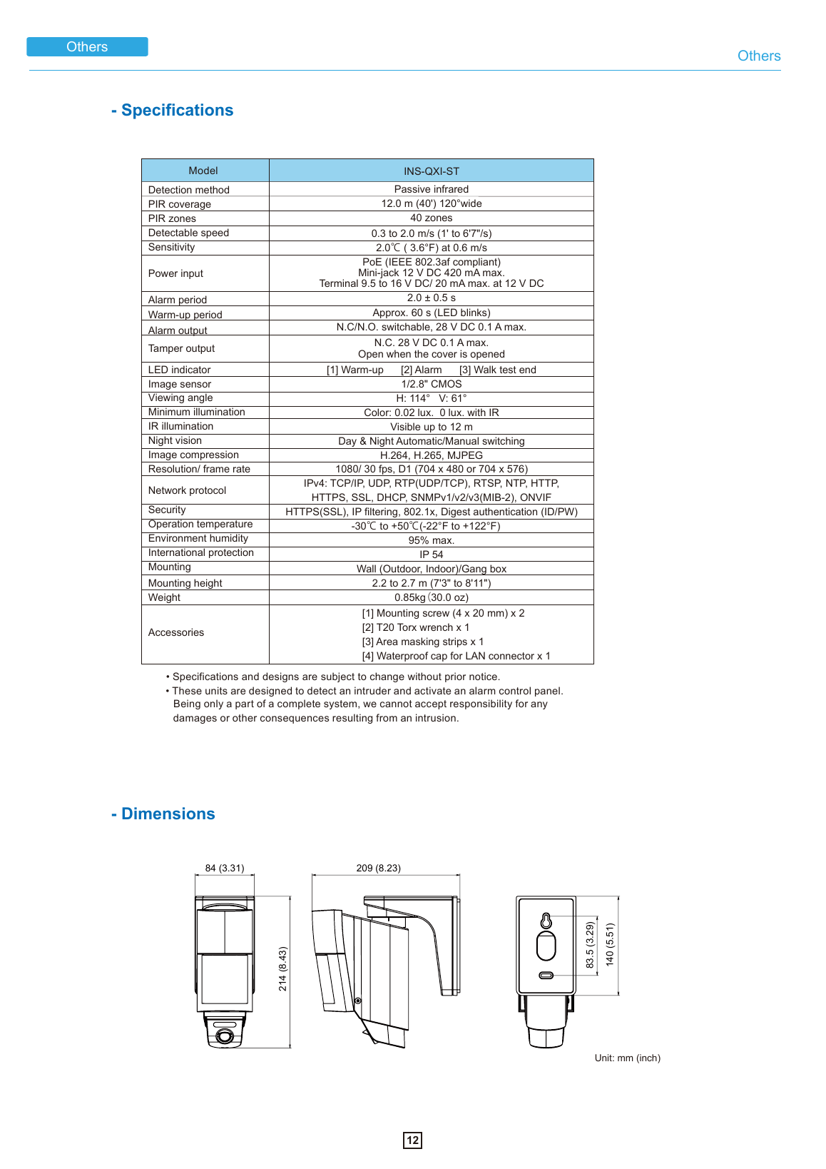 Optex INS-QXI-ST dimension drawing showing unit width, height, and depth measurements in mm and inches