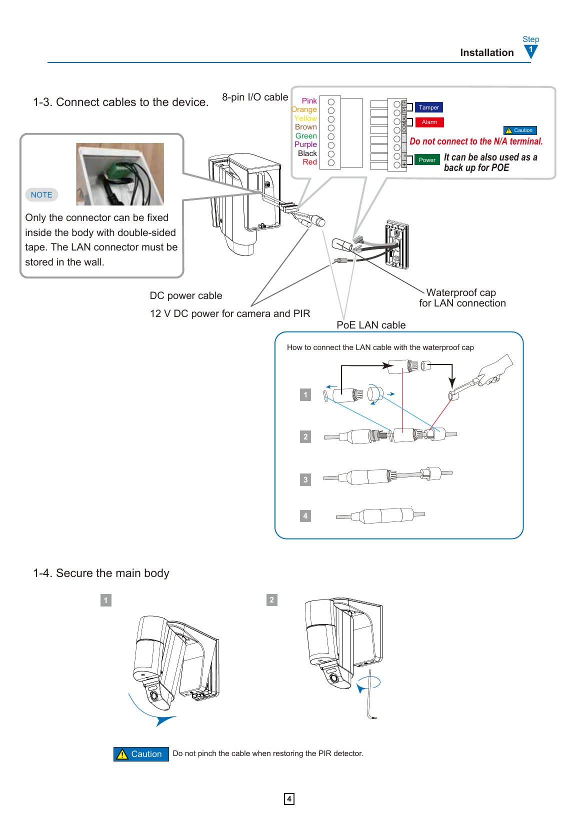 Optex INS-QXI-ST 8-pin I/O cable wiring diagram showing color-coded connections for tamper, alarm, power, and LAN waterproofing steps