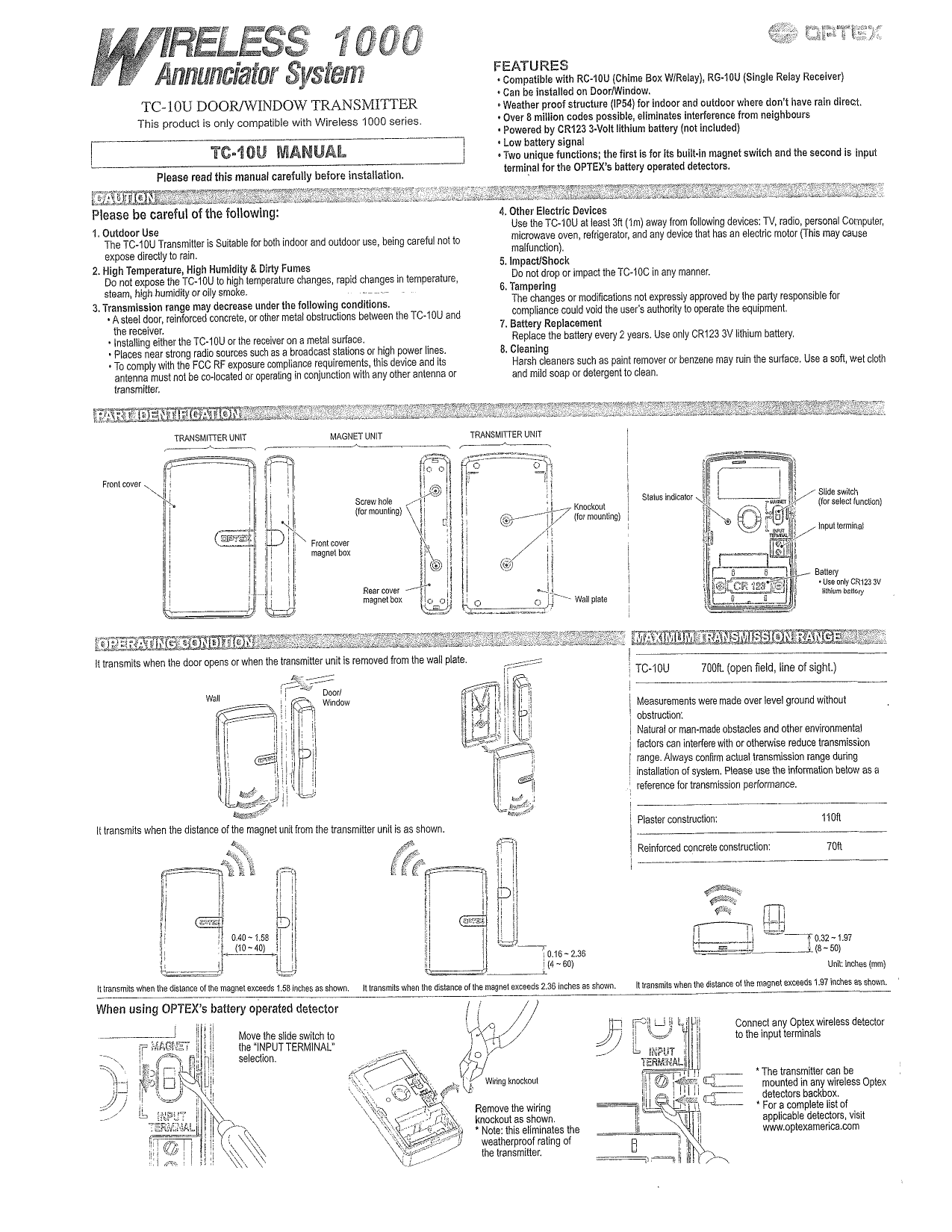 Optex TC-10U transmitter parts diagram, features, and safety cautions