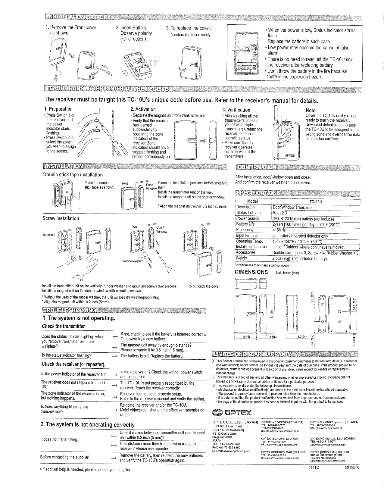 Optex TC-10U battery installation, teaching codes, mounting, dimensions, troubleshooting, and warranty