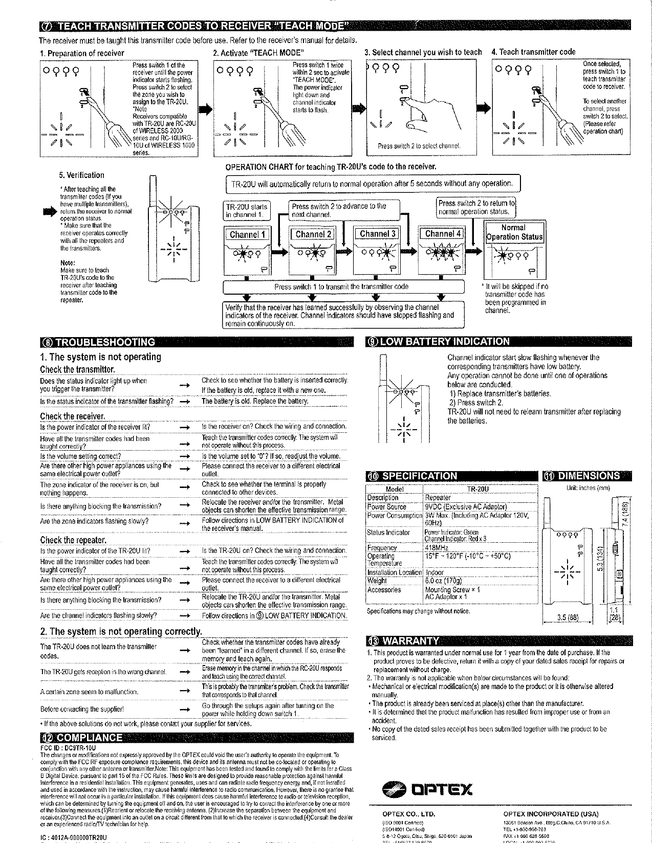 Optex TR-20U teach-mode operation chart, troubleshooting table, and specifications