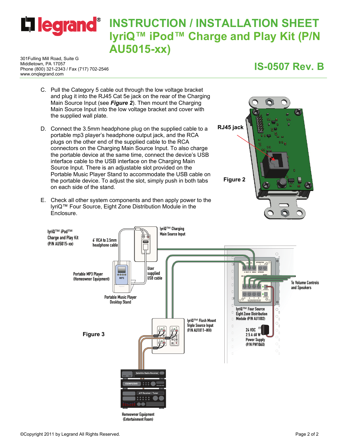 lyriQ iPod Charge and Play Kit — rear RJ45 jack detail and full whole-house audio distribution wiring diagram