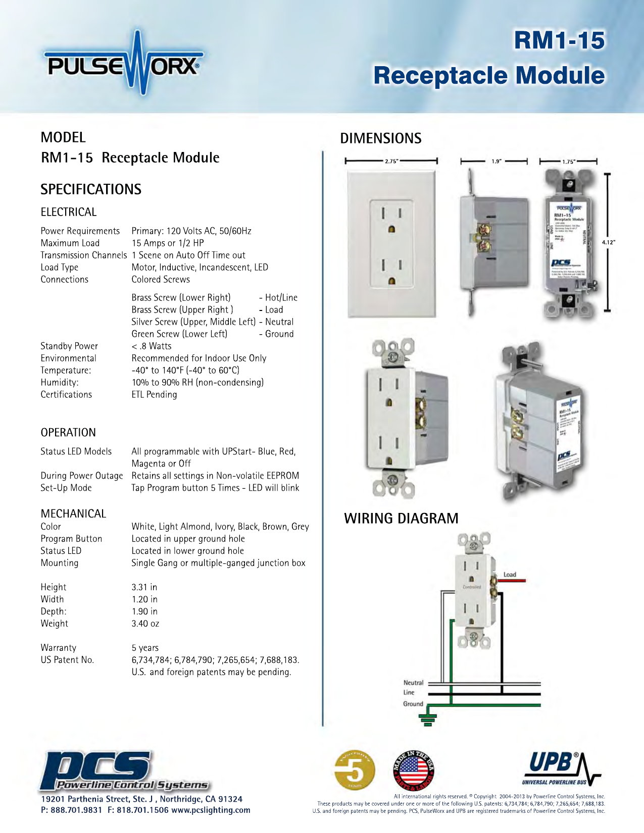 RM1-15 rear terminal wiring diagram showing Line, Neutral, Ground, and Load connections