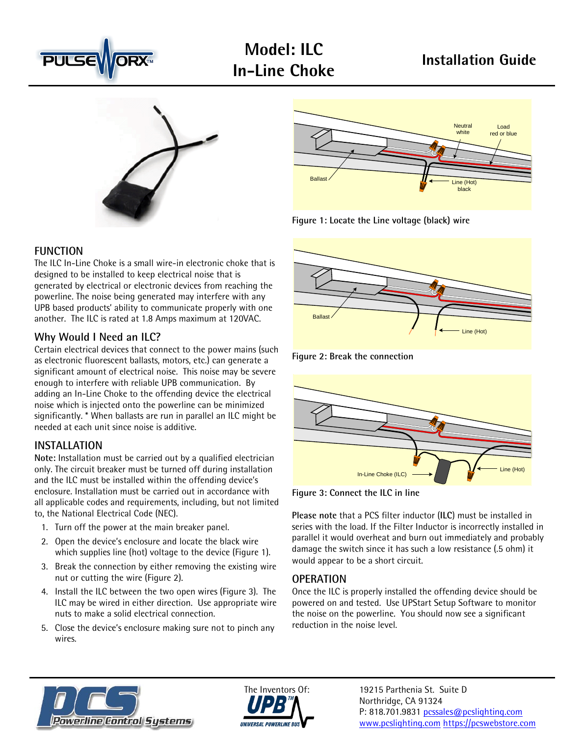 PCS ILC In-Line Choke wiring diagram — locating the line (hot) wire, breaking the connection, and installing the choke in series