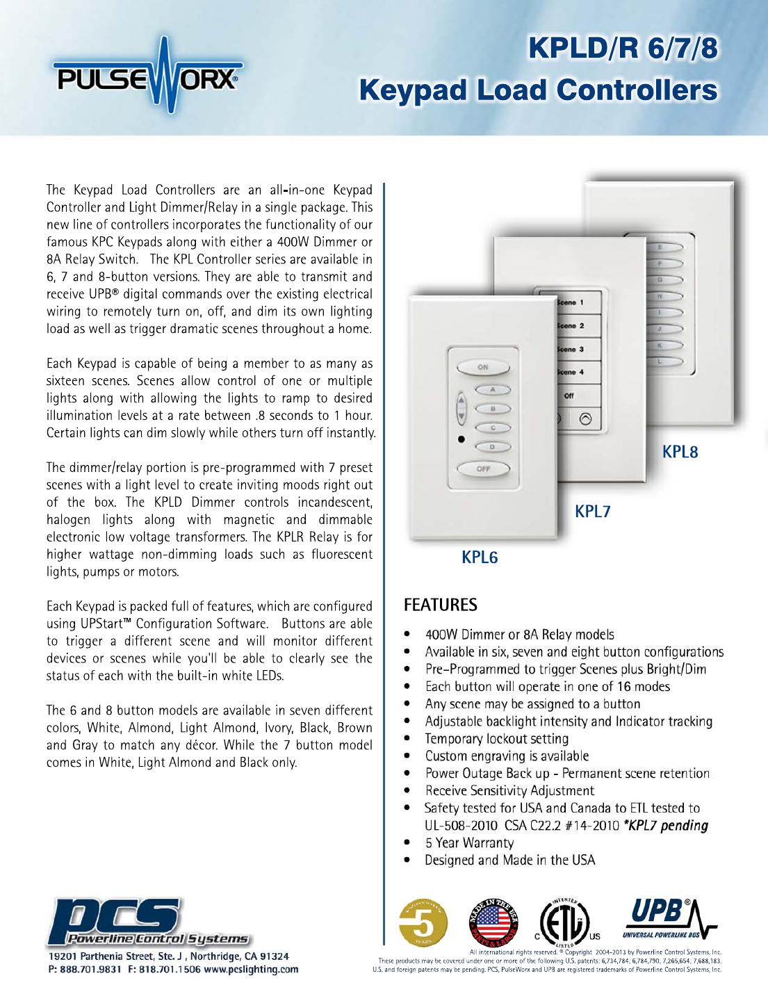 PulseWorx KPL6, KPL7, and KPL8 keypad load controllers - product photos and feature list