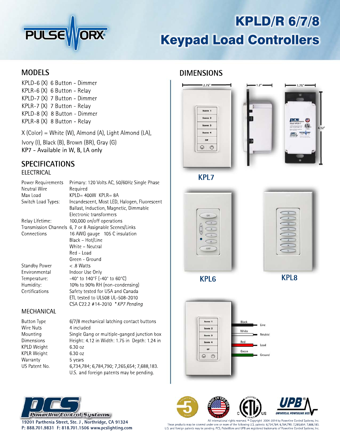 PulseWorx KPL keypad load controller dimensions and wiring diagram - black hot, white neutral, red load, green ground