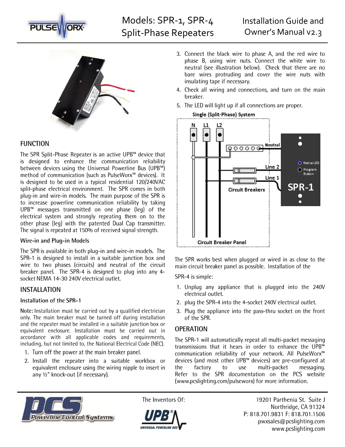 PulseWorx SPR-1 wiring diagram showing connections from the circuit breaker panel (Neutral, Line 1, Line 2) to the SPR-1 device with Status LED and Program Button