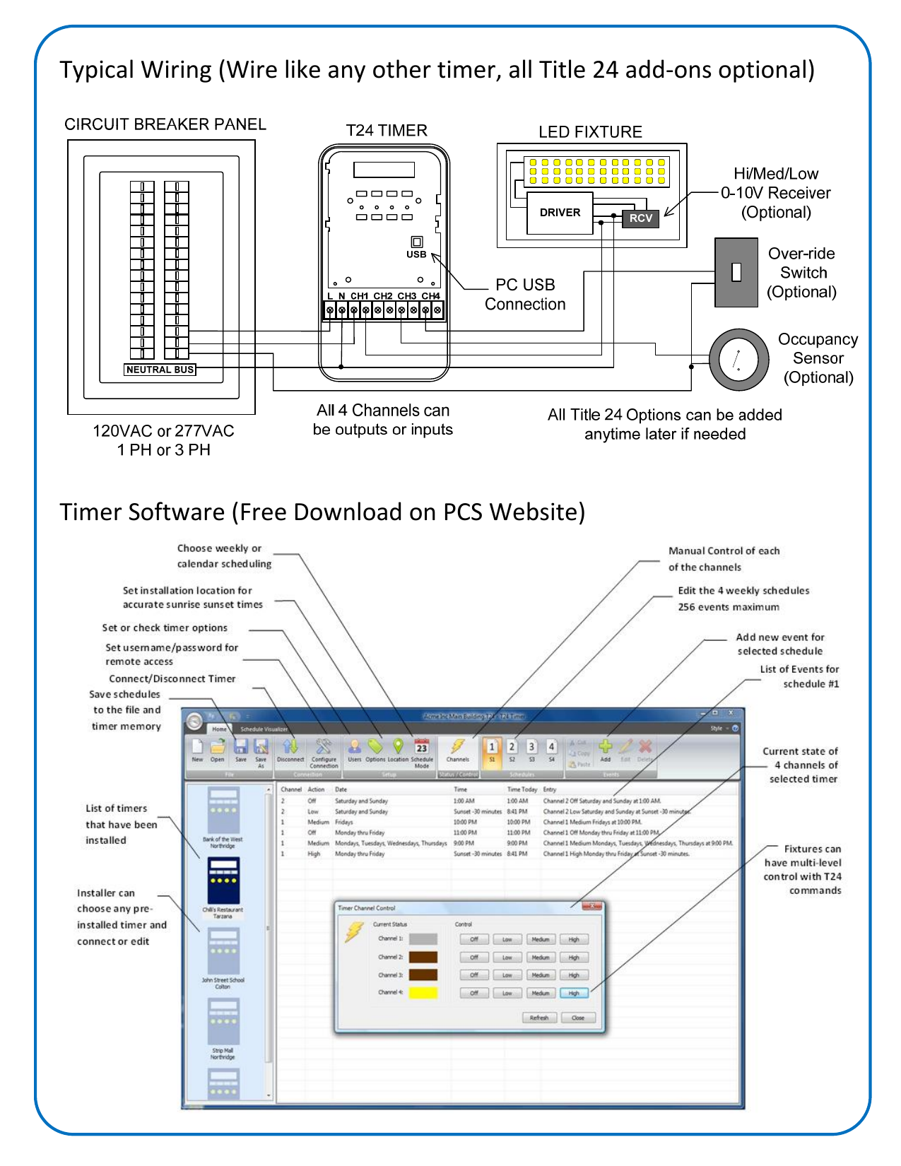 PCS PCT24T4 Title 24 Timer typical wiring diagram and configuration software screenshot