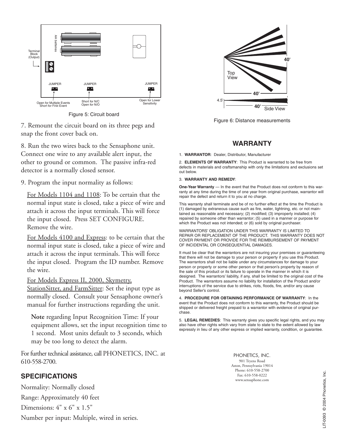 Sensaphone FGD-0007 circuit board terminal block, jumpers, and detection range diagram