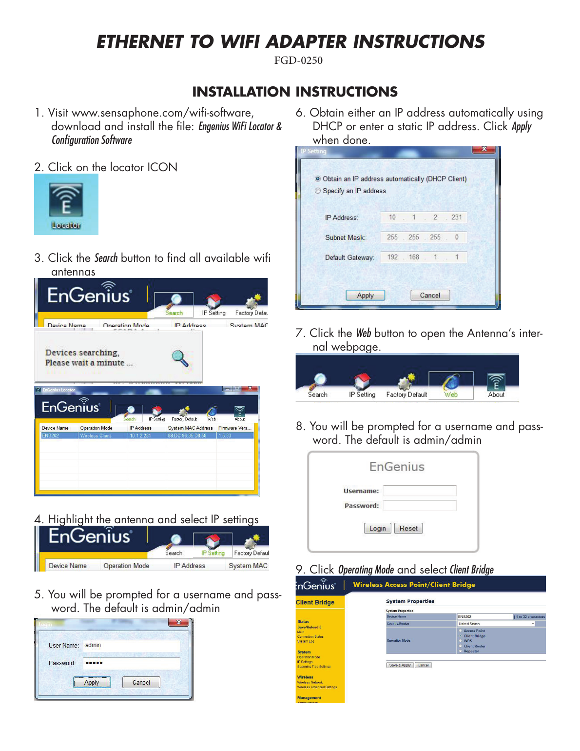 Sensaphone FGD-0250 setup screenshots — locator software, IP settings, and operating mode configuration