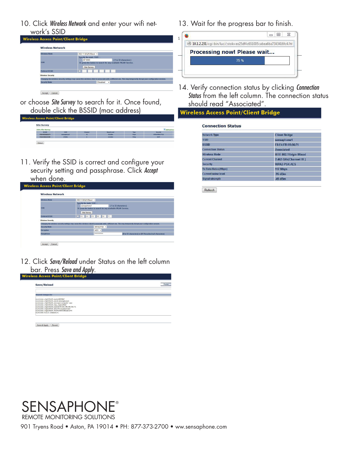 Sensaphone FGD-0250 setup screenshots — wireless network SSID, security settings, save/reload, and connection status
