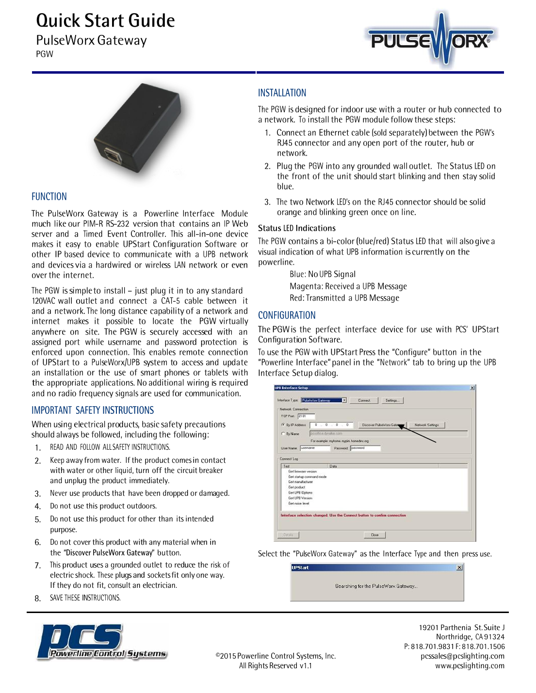 PulseWorx Gateway PGW quick start guide page 1 — overview, installation steps, and UPStart software configuration screenshots