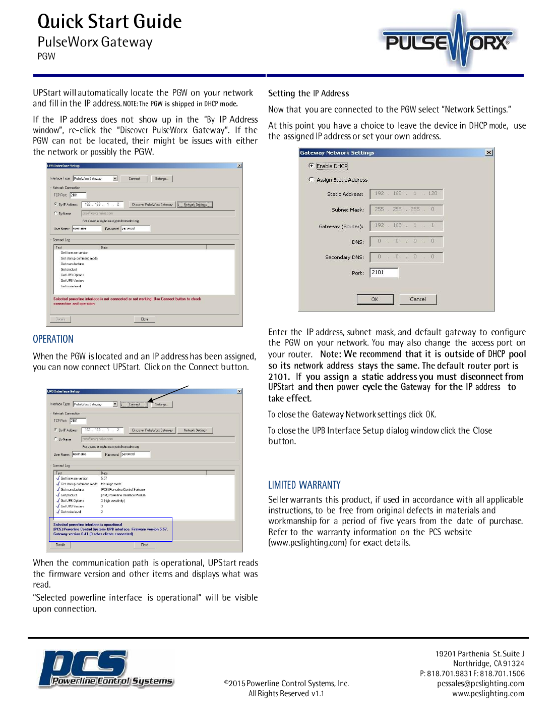 PulseWorx Gateway PGW quick start guide page 2 — network settings, static IP assignment, and connection log