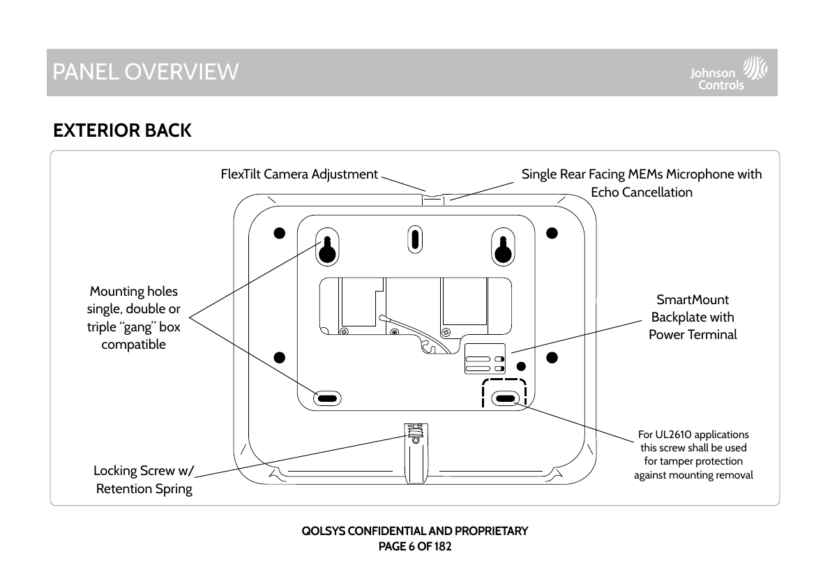IQ Panel 4 exterior back, labeled: FlexTilt Camera Adjustment, Single Rear Facing MEMs Microphone, mounting holes for single/double/triple gang box, SmartMount Backplate with Power Terminal, Locking Screw with Retention Spring