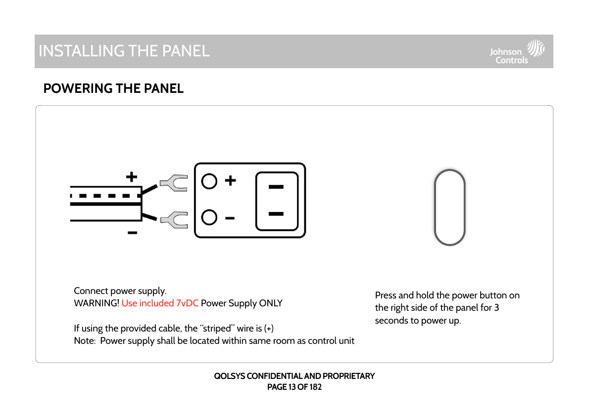 IQ Panel 4 wiring diagram: barrel jack for supplied barrel connector cable, striped wire is positive; GND and 7vDC IN terminals; warning to use 7vDC power supply only