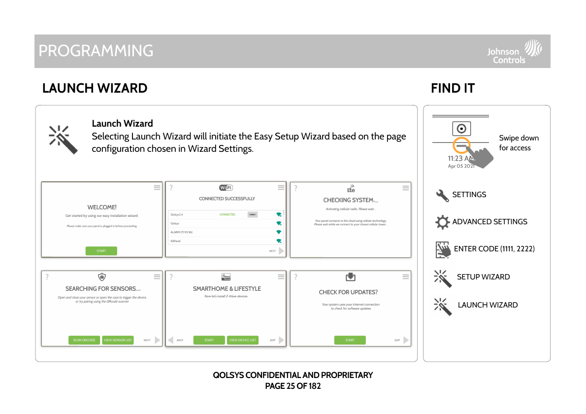 Setup Wizard screen flow: Welcome, Wi-Fi connection, system check, sensor search, smart home devices, update check, with Find It navigation path