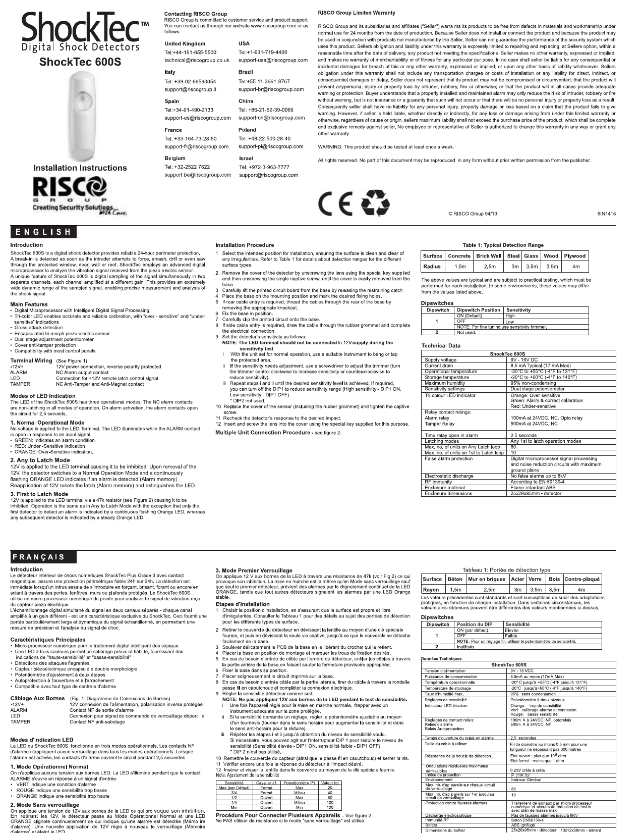 RISCO ShockTec 600S component diagram, wiring terminal layout, and specifications table