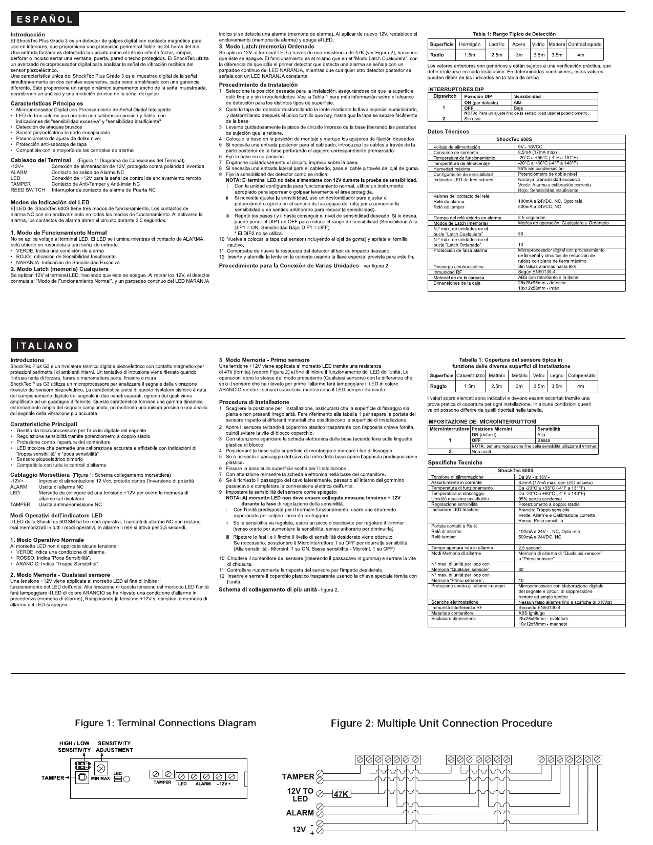 RISCO ShockTec 600S multi-unit connection diagram and delay time configuration table