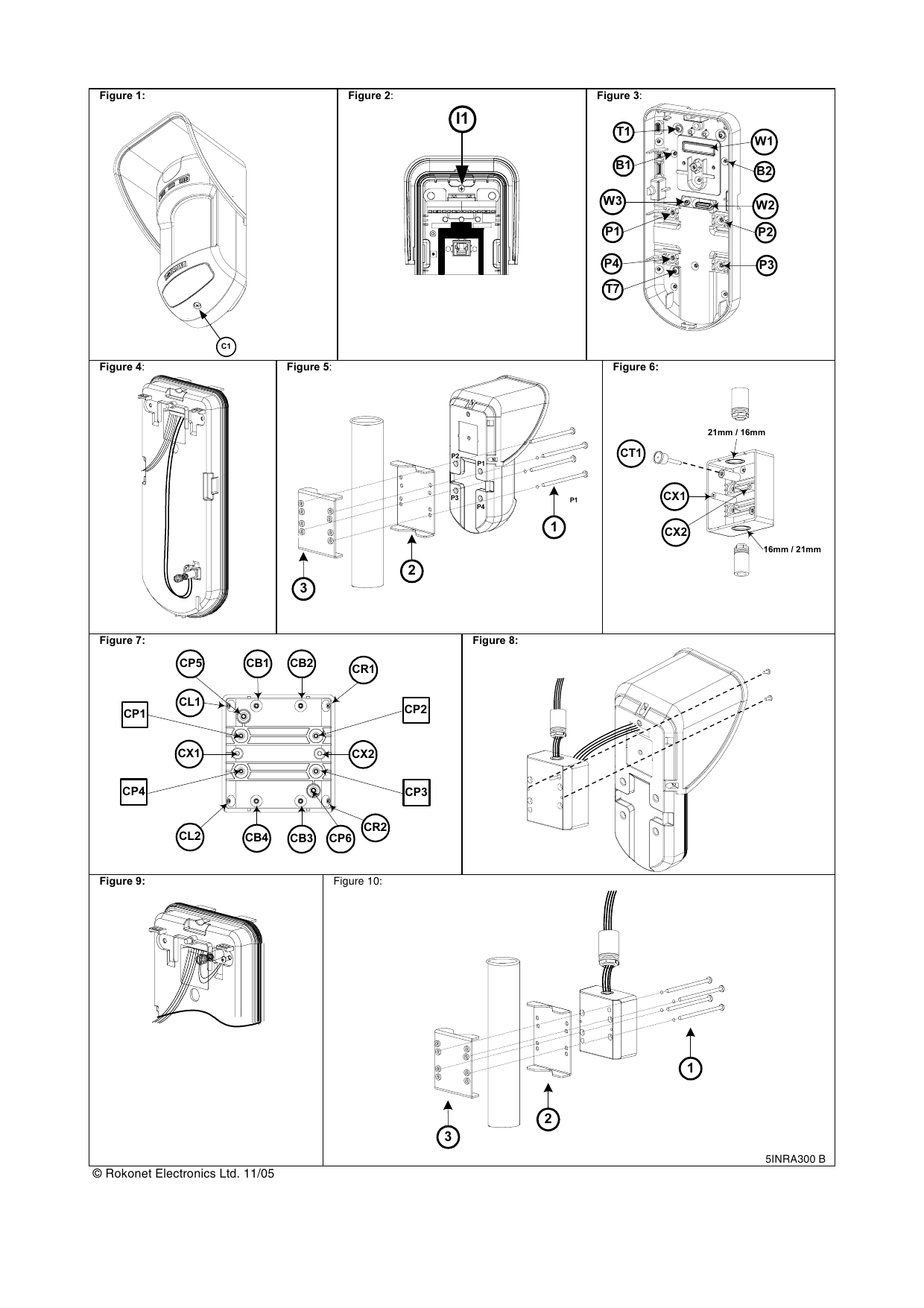 RISCO WatchOUT adaptor installation figures 1 through 10 showing knockout locations, mounting brackets, and wiring points