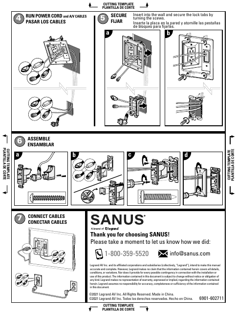 SANUS SA-IWP1 installation diagram showing steps 4-7: routing power cord and cables, securing the wall plate, assembling the module, and connecting cables
