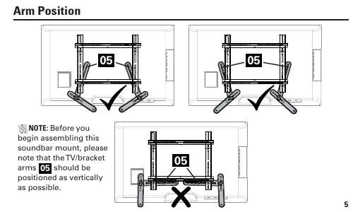 SANUS SA405 arm position diagram showing correct vertical bracket arm orientation versus incorrect horizontal orientation