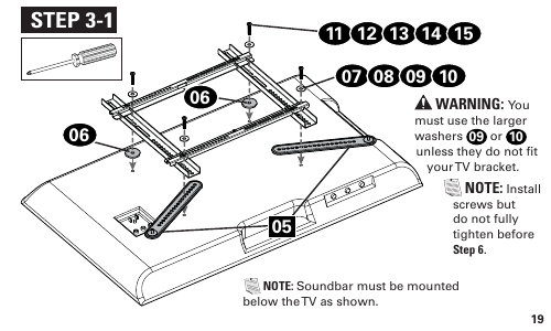 SANUS SA405 Step 3-1 assembly diagram showing washer and screw placement for TVs with a flat unobstructed back