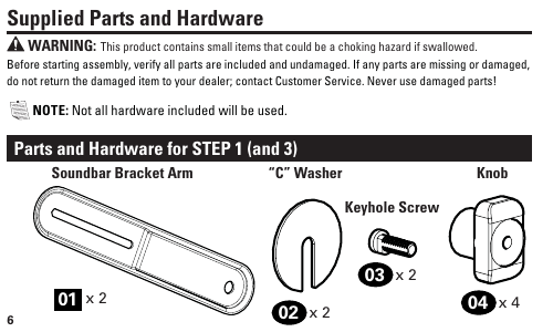 SANUS SA405 supplied parts and hardware diagram: soundbar bracket arm, C washer, keyhole screw, and knob
