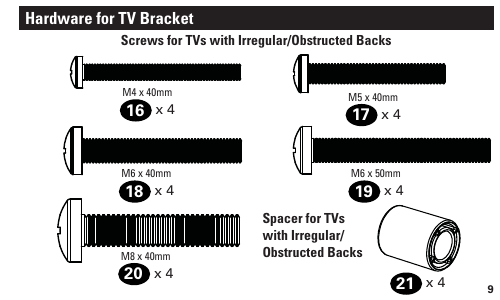 SANUS SA405 TV bracket hardware diagram showing M4, M5, M6, and M8 screw sizes and spacer for irregular TV backs