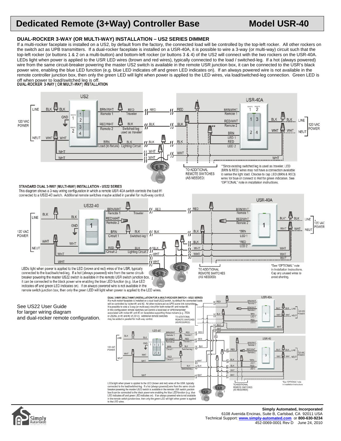 USR-40A dual-rocker 3-way wiring detail and US22 reference note