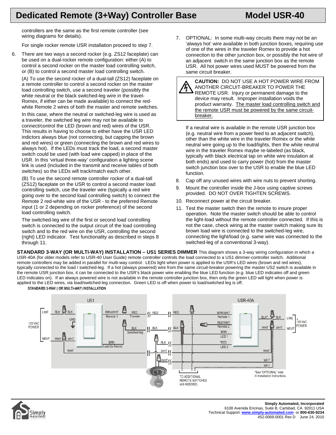 USR-40A standard 3-way wiring with US1 series dimmer