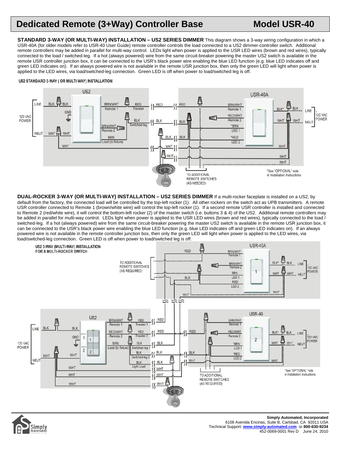 USR-40A standard and dual-rocker 3-way wiring with US2 series dimmer