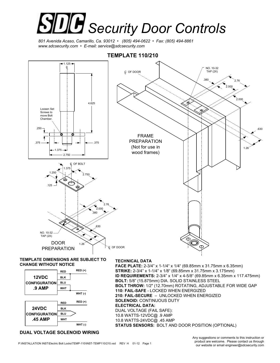 SDC Template 110/210 door and frame preparation drilling template with dimensions and wiring diagram