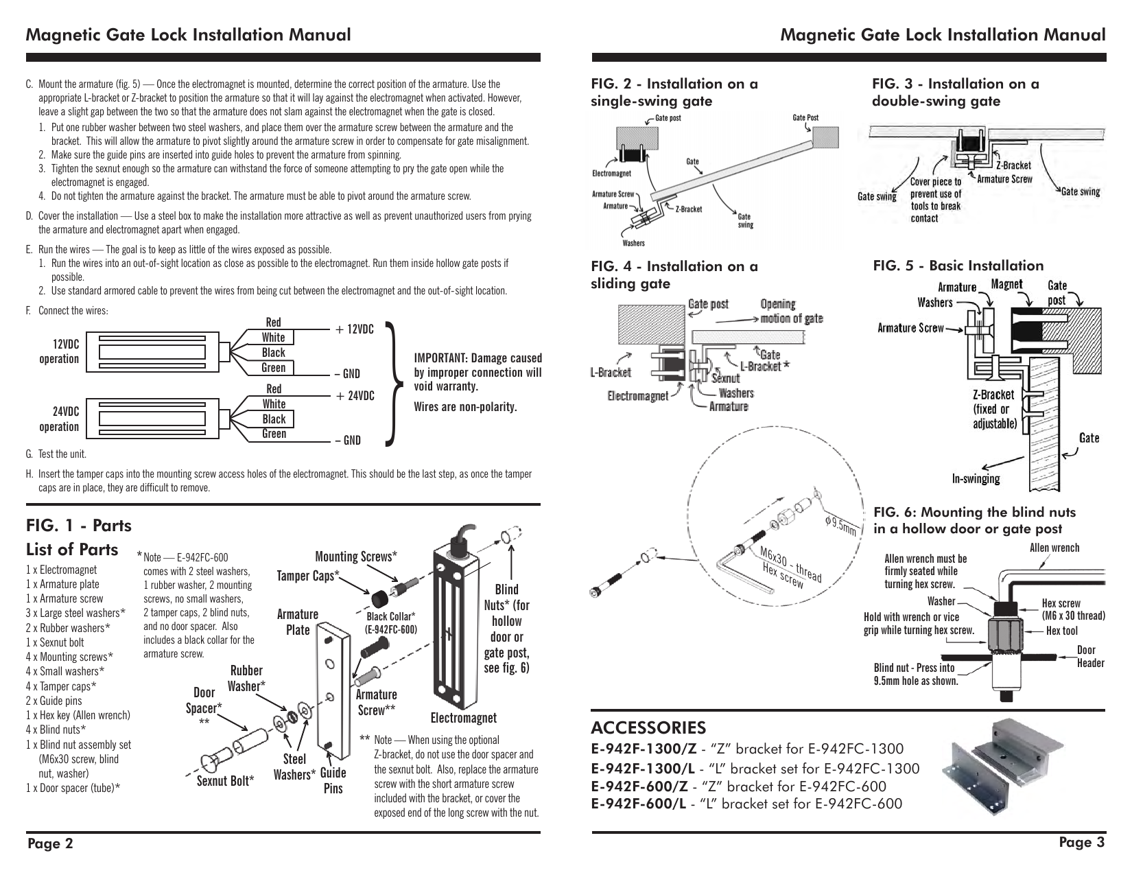 SECO-LARM E-942FC gate lock mounting diagrams: single-swing, double-swing, sliding gate configurations, basic installation exploded view, and blind-nut mounting for hollow posts