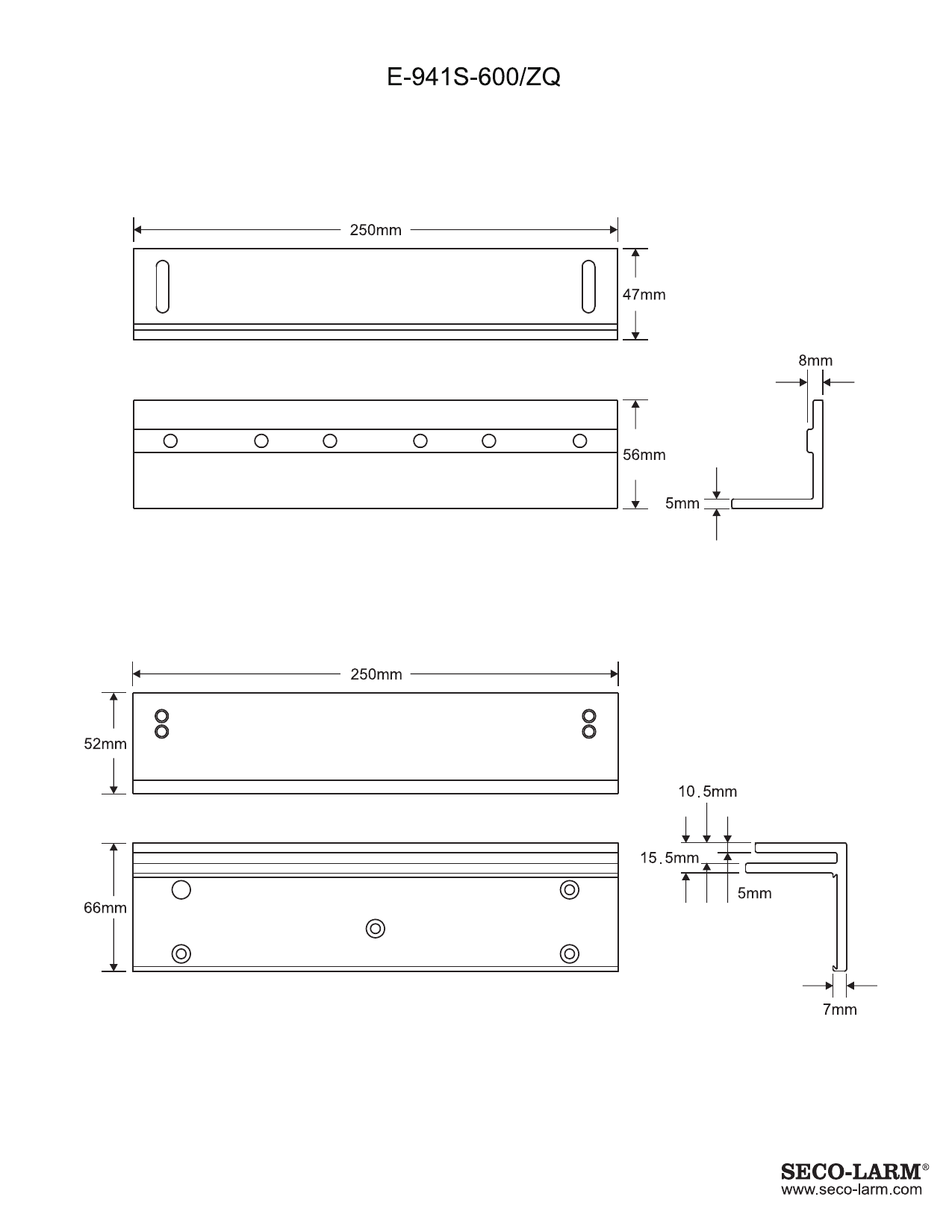 SECO-LARM E-941S-600/ZQ Z-Bracket dimensional drawing showing upper and lower bracket mounting hole spacing