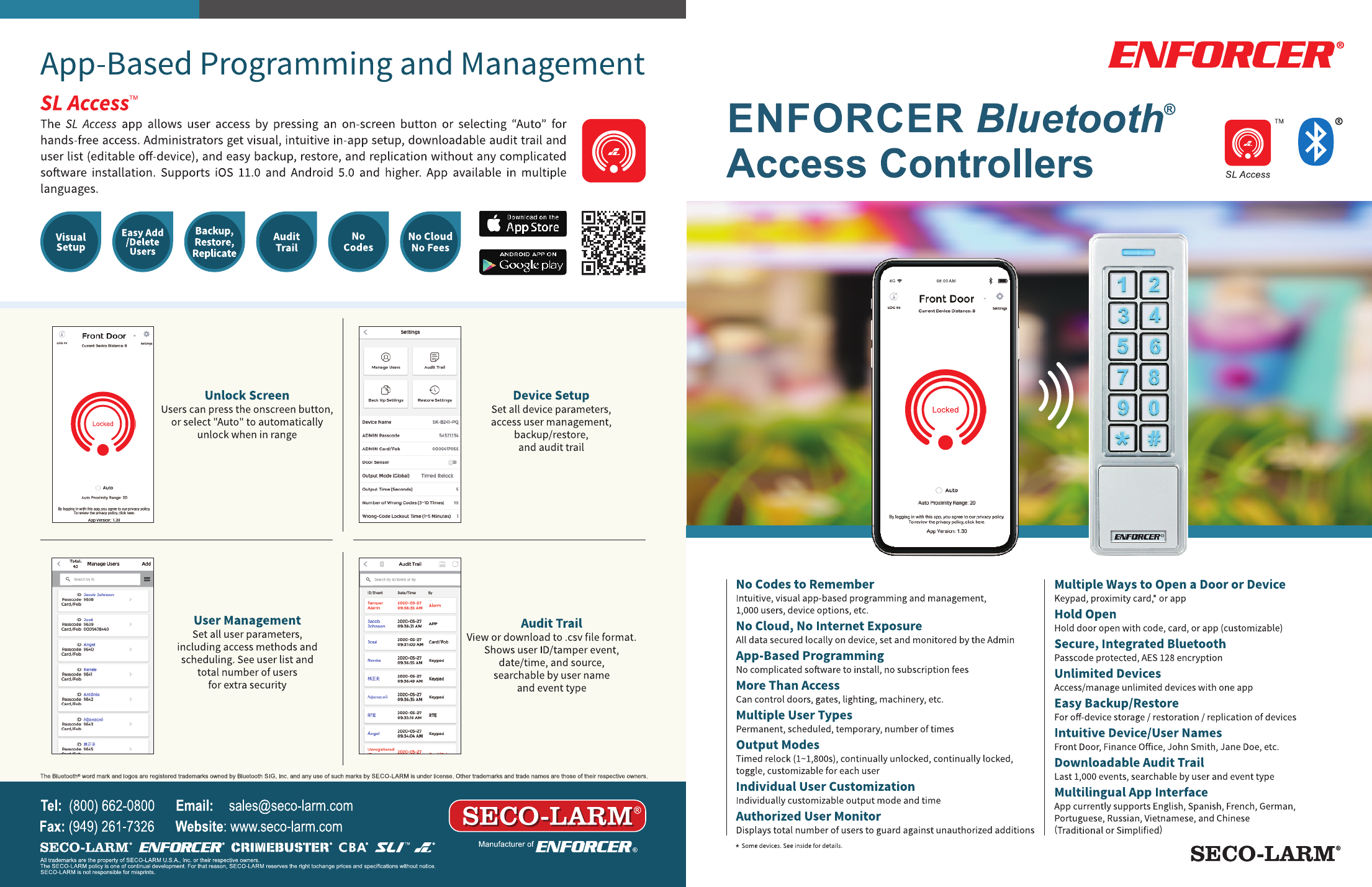 SL Access app screens: unlock screen, device setup, user management, and audit trail; paired with an ENFORCER Bluetooth keypad
