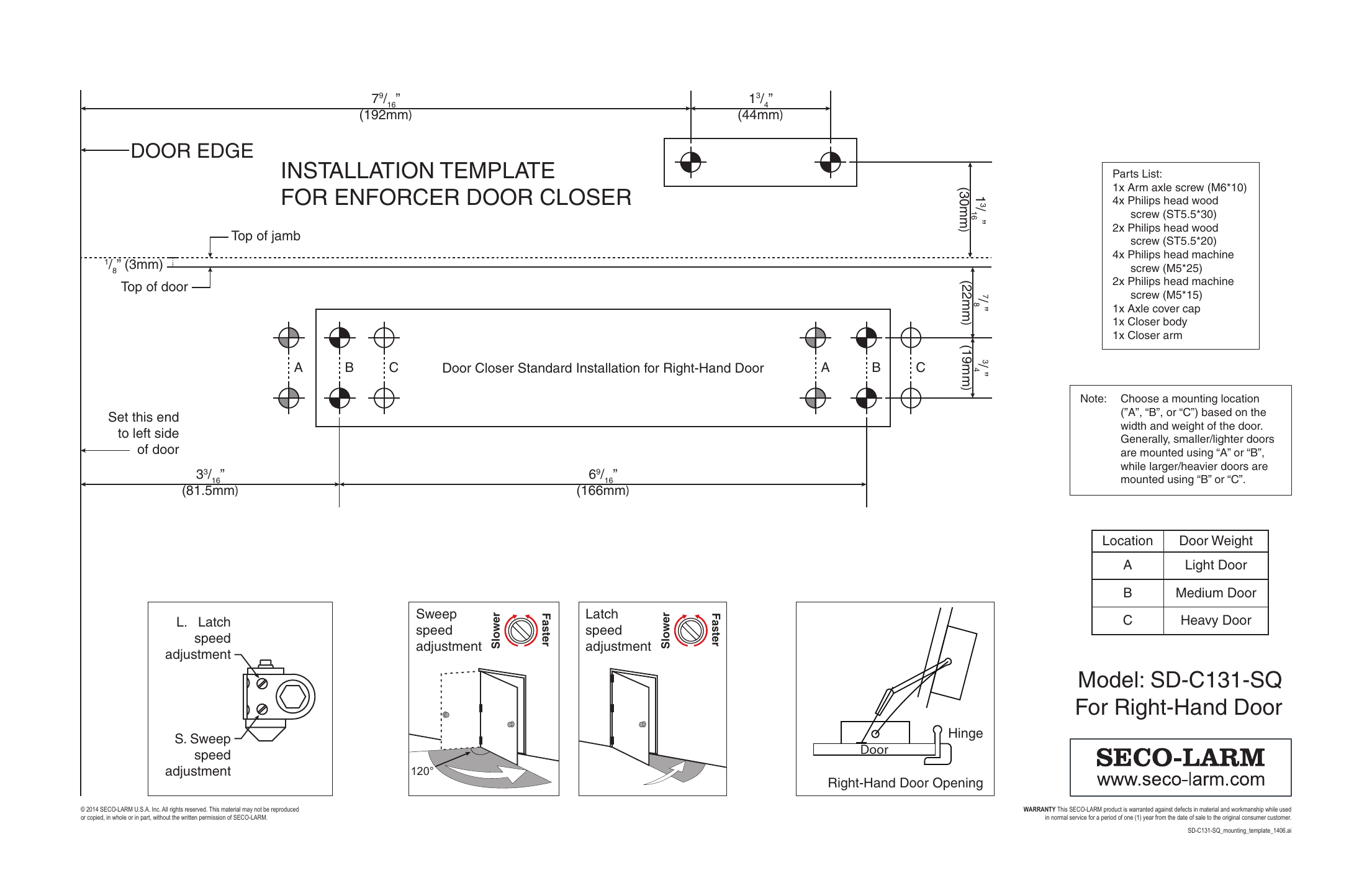 SECO-LARM SD-C131-SQ door closer mounting template for right-hand door installation