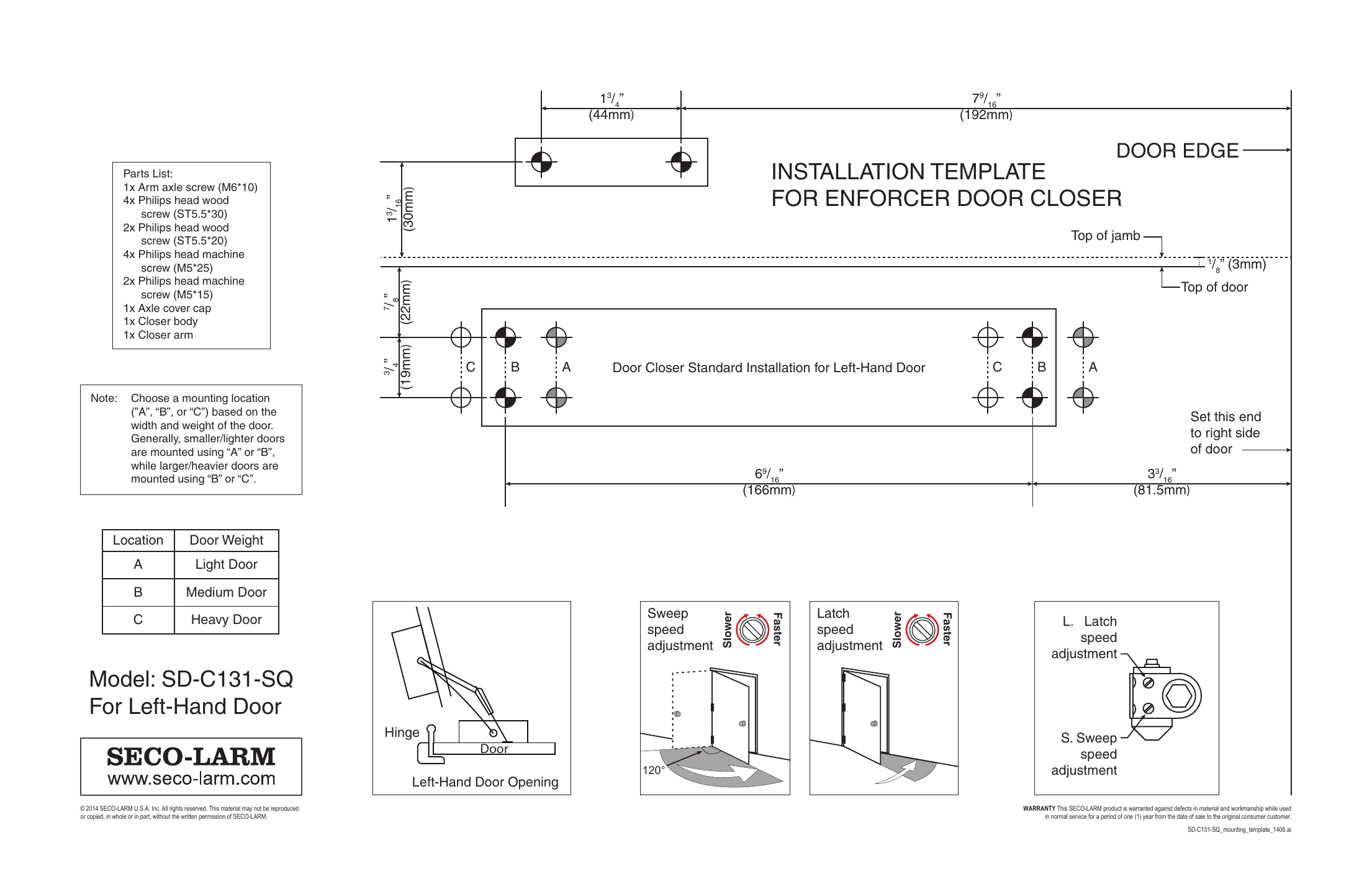 SECO-LARM SD-C131-SQ door closer mounting template for left-hand door installation