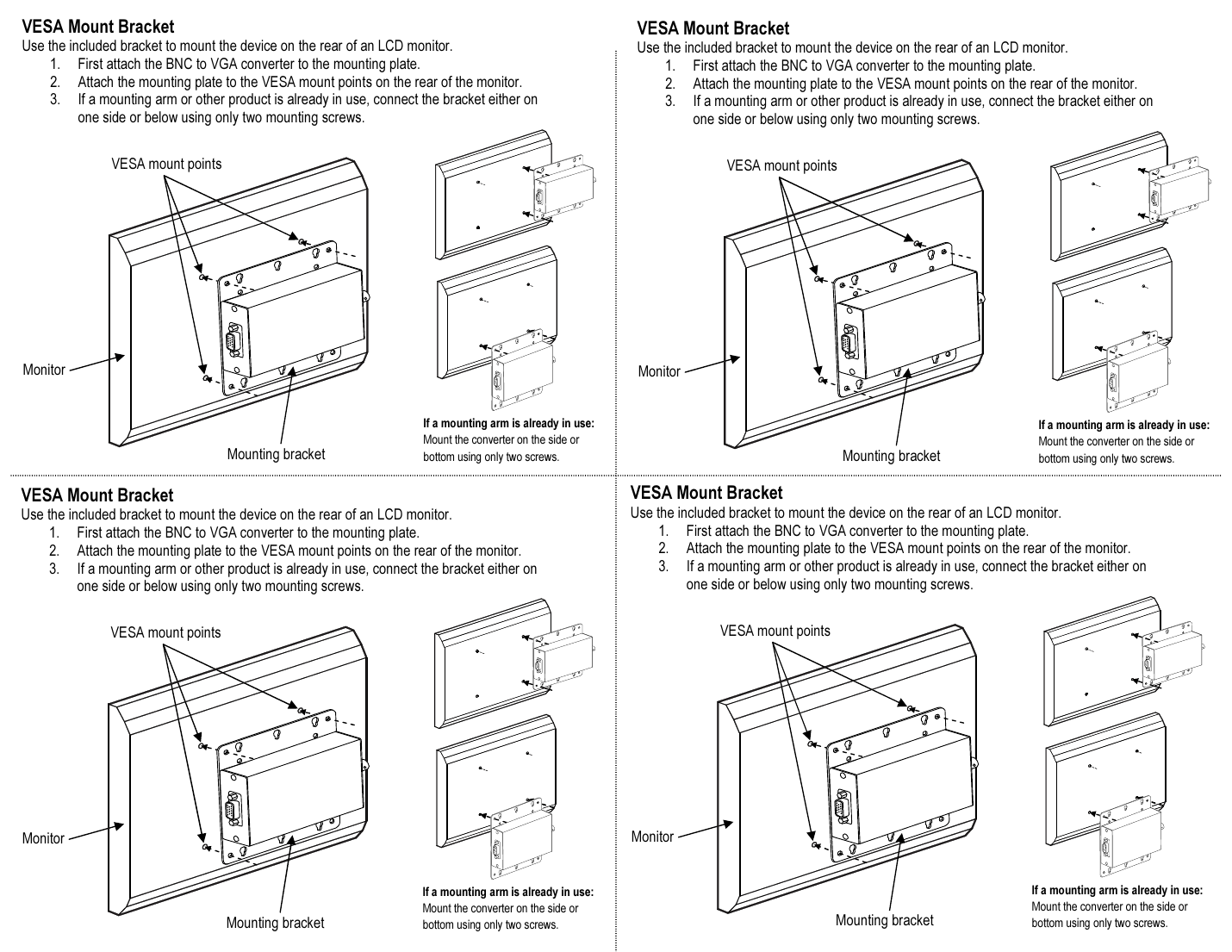 SECO-LARM VC-2VAQ VESA mount bracket installation diagram showing BNC to VGA converter mounted to rear of LCD monitor