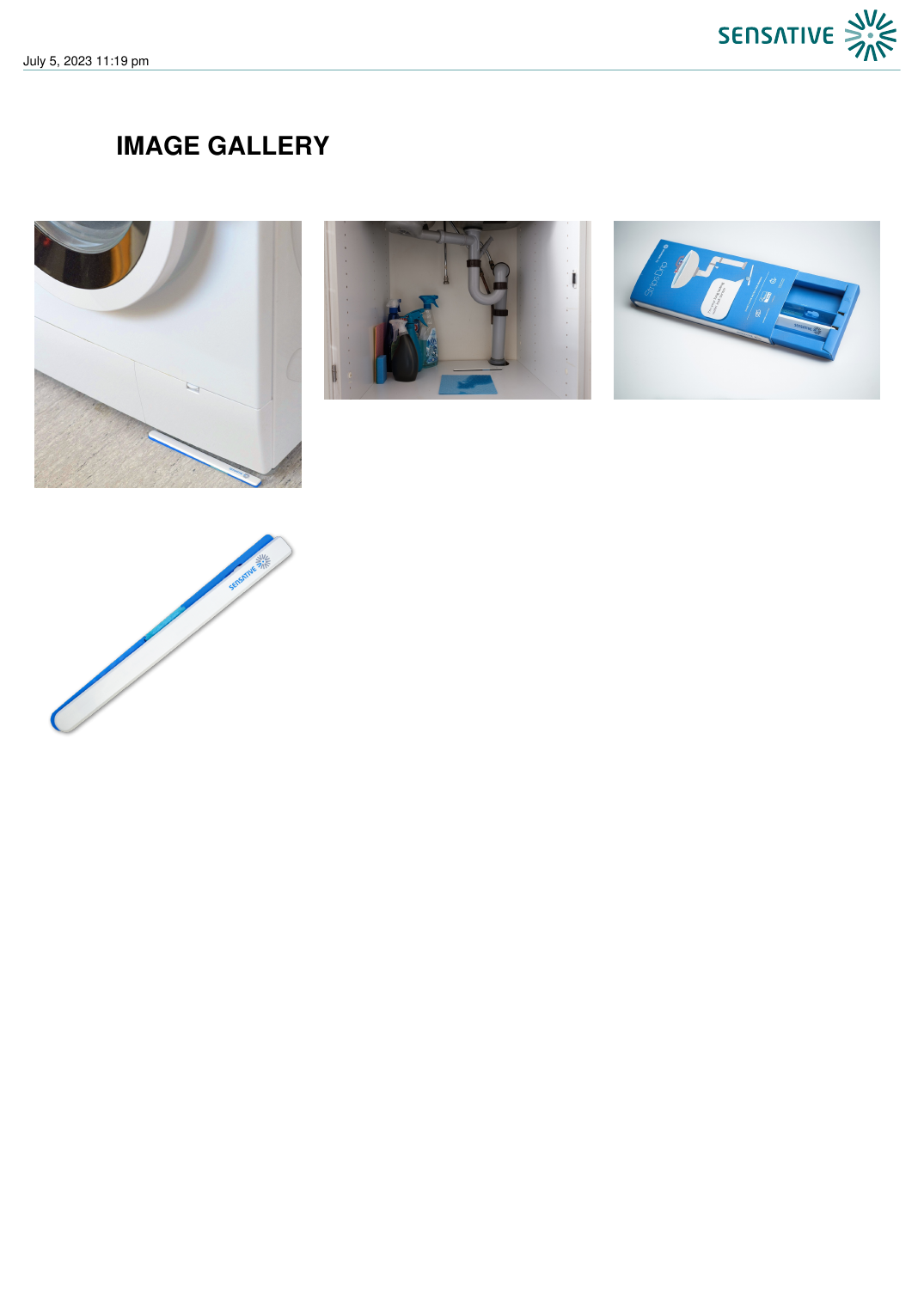Sensative Strips Drip 800 water leak sensor — product photos showing installation under a washing machine, under a sink, retail packaging, and a close-up of the sensor strip