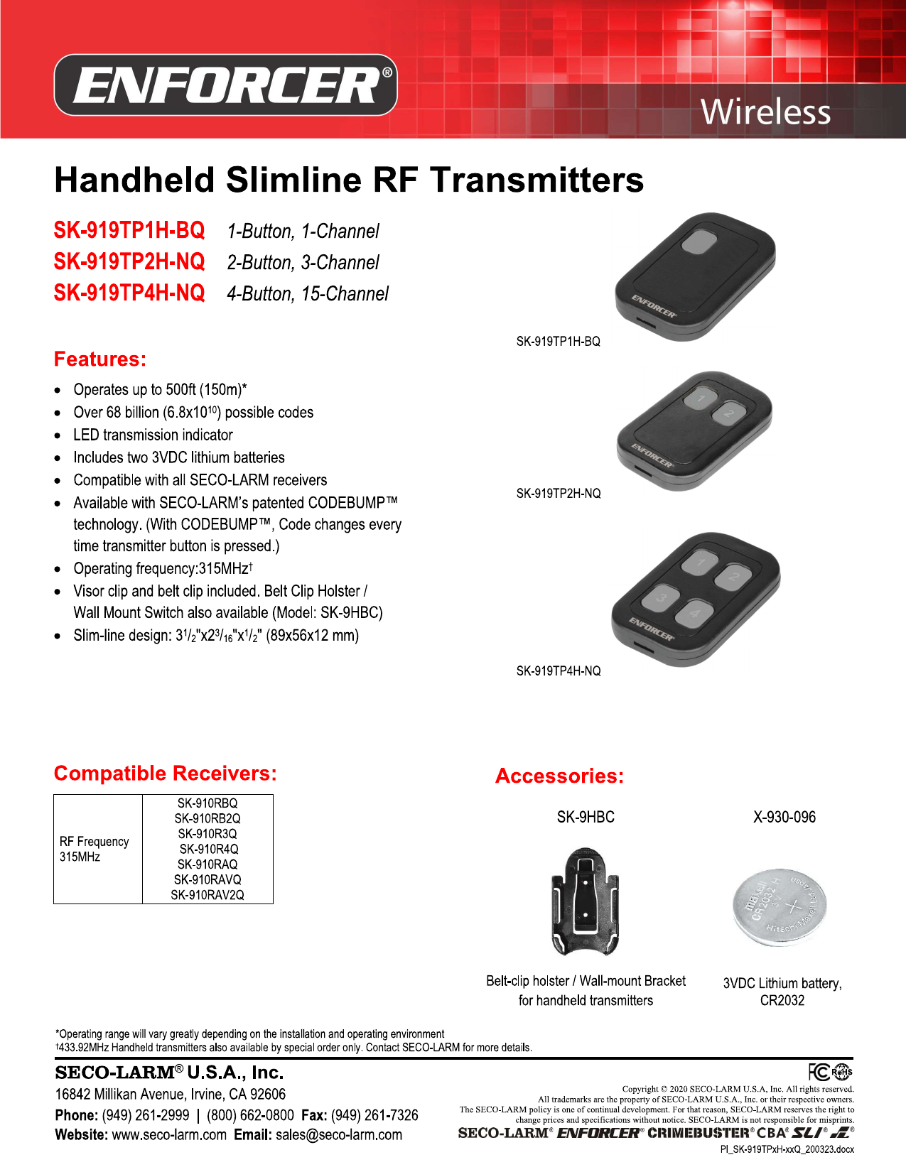 SECO-LARM SK-919TPxH-xQ handheld RF transmitter spec sheet with product images and receiver compatibility table
