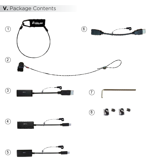 SimplyProAV Dongler package contents diagram showing all 8 included parts